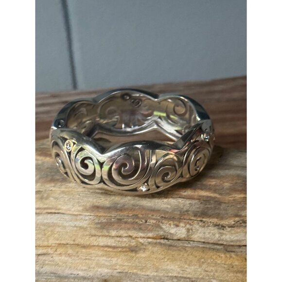 Brighton Silver Plated Hinged Bracelet With Engraved Swirl Design Clear Crystal - Picture 1 of 7